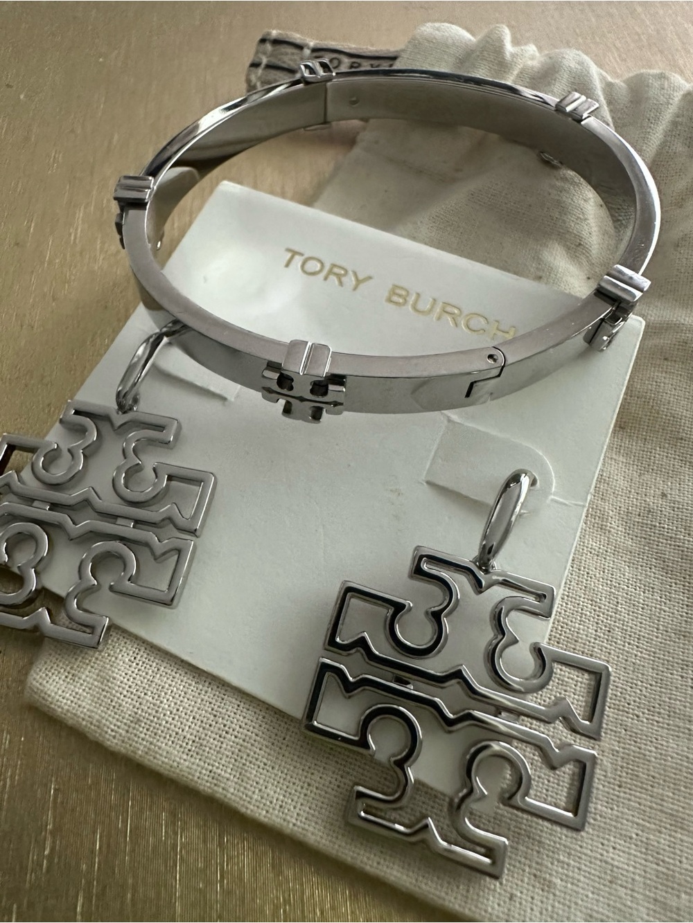 NWT Tory Burch Silver Logo Bangle with Matching Britten Logo Drop Earrings (SET)